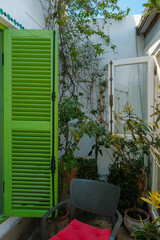 Small green garden in Tetouan, Morocco, surrounded by lush plants and traditional house windows, reflecting peaceful local lifestyle.