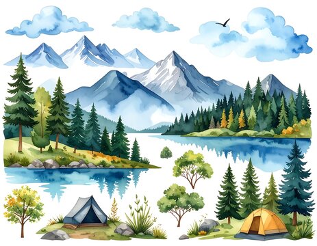 Watercolor illustration depicts camping scenery with mountains, lake, clouds, trees, and tents, creating a peaceful outdoor scene