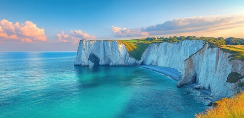 Bright blue sea gently washing against striking white chalk cliffs with natural arch under a clear sky with scattered clouds and green grassy tops