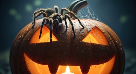 Tarantula atop a carved, glowing Halloween pumpkin in the dark