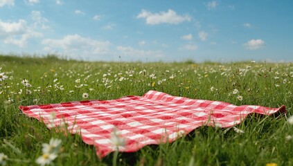 Fototapeta premium Crimson picnic spread with a checkered pattern laid out on a daisy-filled meadow. Ideal scenic background for showcasing products or creating montages.