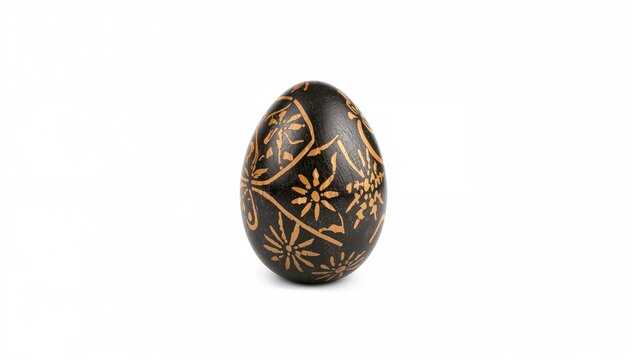 A black egg adorned with intricate carvings, suitable as a decorative object, seasonal art piece