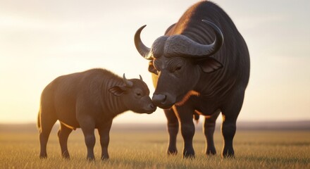 Two African buffalo in a field at sunrise, touching noses. Warm light, gentle moment