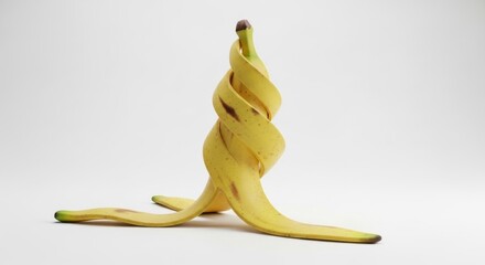 Twisting banana peel standing against a plain white background in a creative way