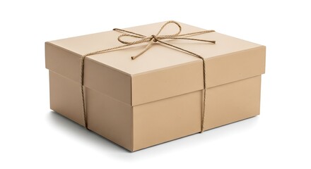 Brown cardboard box with twine bow isolated on white background