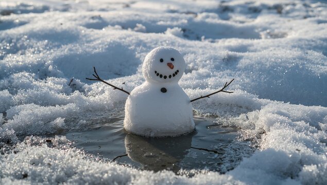 Snowman dissolving in sunlight, transition from winter to spring, seasonal change