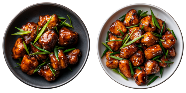 set of Top view of a plate with chicken pieces drizzled in tangy sauce, sprinkled with sesame seeds and fresh herbs and rise isolated on transparent background	