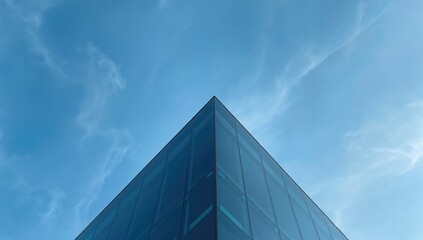 Glass building's sharp corner set against a clear blue sky. Simple architectural design with toned colors.