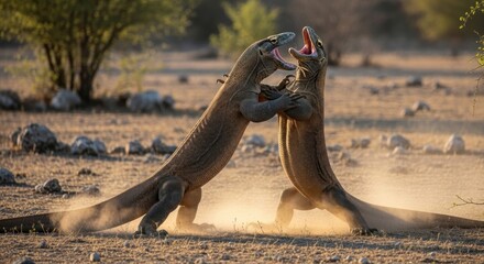 Two giant reptiles clash in a dusty clearing, open mouths, aggressive poses, wildlife