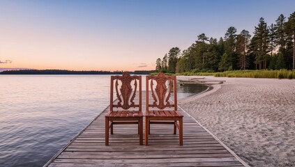 A pair of vacant chairs positioned on a wooden dock by the lake during early morning light, solitude