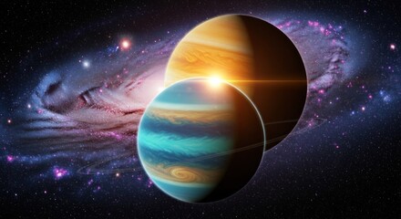 Two gas giant planets in vibrant colors with a spiral galaxy in the background