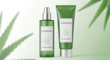Two green cosmetic bottles with aloe design on a soft backdrop with blurred leaves