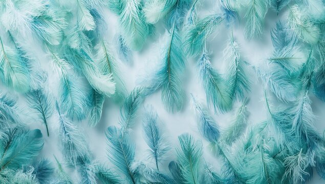 Continuous pattern featuring vibrant green and blue delicate feathers on a white backdrop