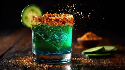 Refreshing green cocktail with ice and cucumber garnish on a wooden table.