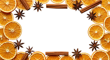 A rectangular frame made of dried orange slices, cinnamon, and star anise for rustic holiday recipe cards and autumn food blogs.Transparent Background, Cutout