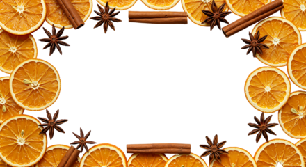 A rectangular frame made of dried orange slices, cinnamon, and star anise for rustic holiday recipe cards and autumn food blogs.Transparent Background, Cutout
