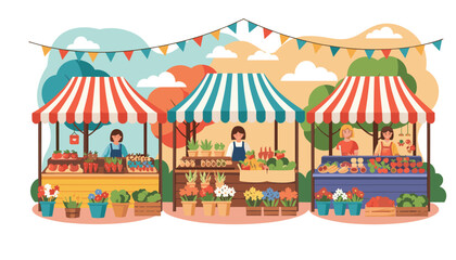 Fototapeta premium Vibrant farmers market scene with cheerful vendors selling fresh produce and flowers under colorful striped awnings