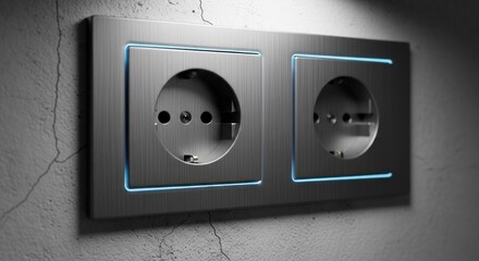 Two metallic outlets on a textured wall, illuminated with blue light