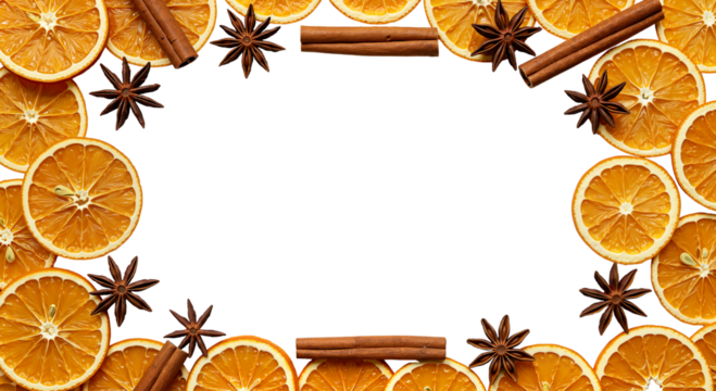 A rectangular frame made of dried orange slices, cinnamon, and star anise for rustic holiday recipe cards and autumn food blogs.Transparent Background, Cutout