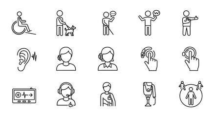 Set of accessibility icons representing universal access and disability inclusion. Includes symbols for wheelchair users, guide dogs, visually impaired individuals, hearing assistance, communication