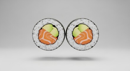 Two sushi rolls, close-up, showcasing salmon, avocado, rice, and nori