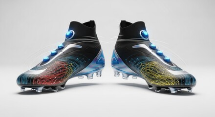 Two soccer cleats, silver toe, dark body, blue accents, futuristic design on white