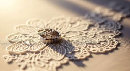 Two wedding rings on a delicate white lace doily, soft lighting