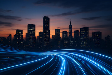 Obraz premium Dynamic light streaks illuminate a modern city skyline at dusk, conveying fast paced innovation and sleek urban energy with a vibrant glow