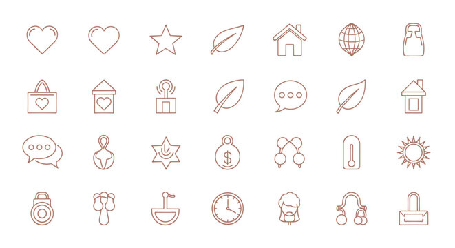 Rose Gold Line Art Logo Design: A Comprehensive Vector Icon Set Featuring Hearts, Stars, Leaves, Houses, Globes, Shopping Bags, Speech Bubbles, Money Symbols, Thermometers, Suns, Clocks, and More