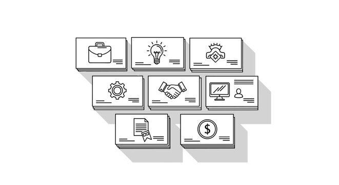 Minimalist business card mockup featuring a collection of vector icons representing key business concepts like briefcase, lightbulb, handshake, gear, document, computer, person, and money, all with a