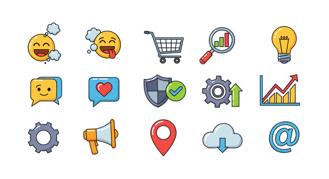 A vibrant and diverse collection of social media and marketing icons, featuring expressive emojis, communication symbols, business analytics, and essential digital tools, all presented in a clean