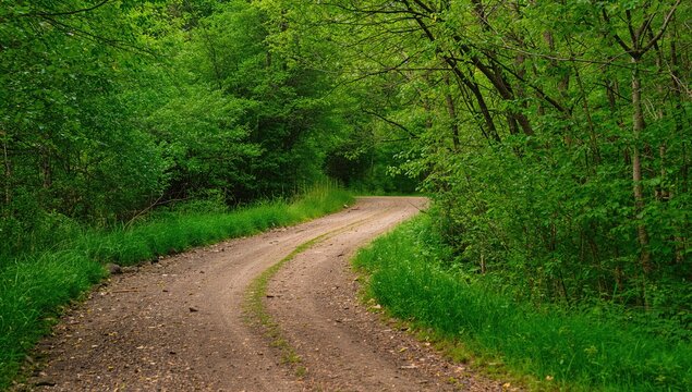 Winding dirt road surrounded by lush green foliage in a rural area, ideal for showcasing outdoor themes - Powered by Adobe