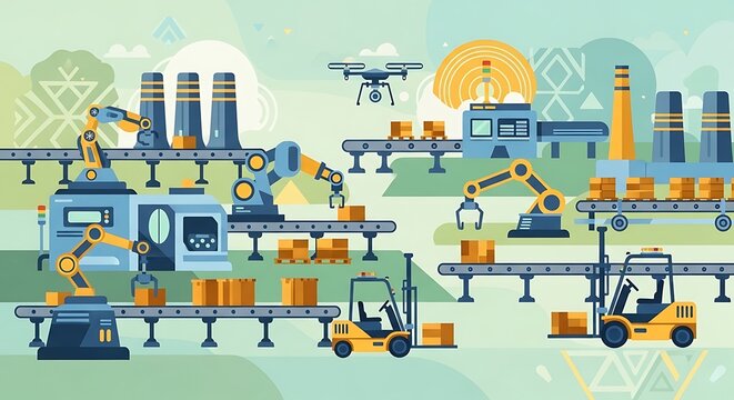 Modern Automated Industrial Factory Production with Robotic Arms and Drone Logistics Illustrating Advanced Manufacturing and Efficiency