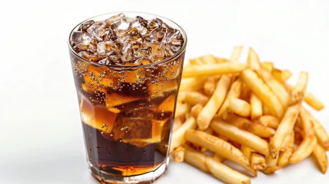 The ultimate combo - a refreshing soda with ice cubes and a side of crispy french fries, ready to be enjoyed.