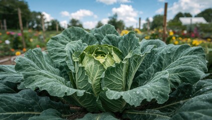 Naklejka premium A thriving cabbage plant with vibrant green foliage flourishing in a carefully tended vegetable garden, nutrient-rich choice