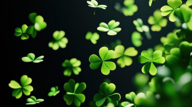 A closeup shot of vibrant green shamrocks floating against a dark background, symbolizing luck and st patricks day
