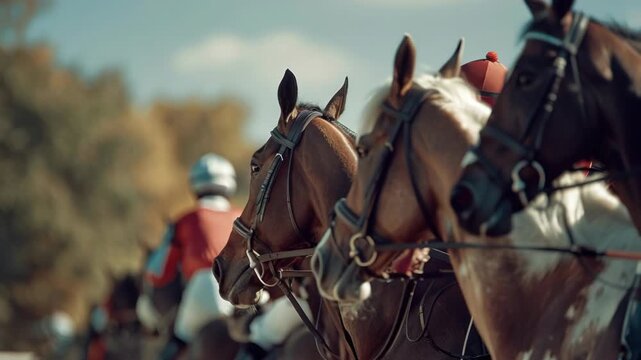 A group of horses racing on a track, jockeys wearing red silks in the foreground.