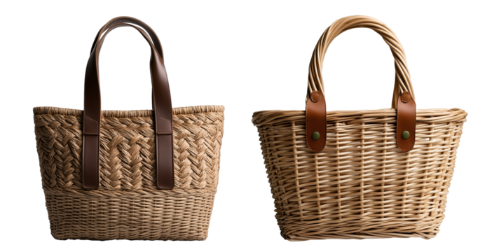 A large straw beach tote with an elegant chevron pattern and braided handles isolated on a transparent background