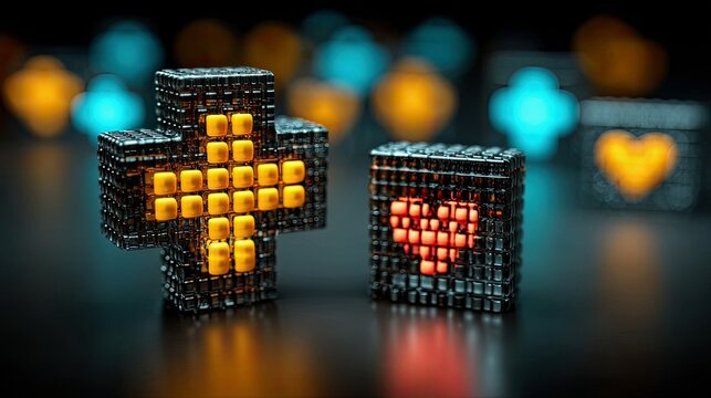 A metallic cross shape with glowing yellow lights and a metallic cube with a glowing red heart shape are displayed on a dark reflective surface.