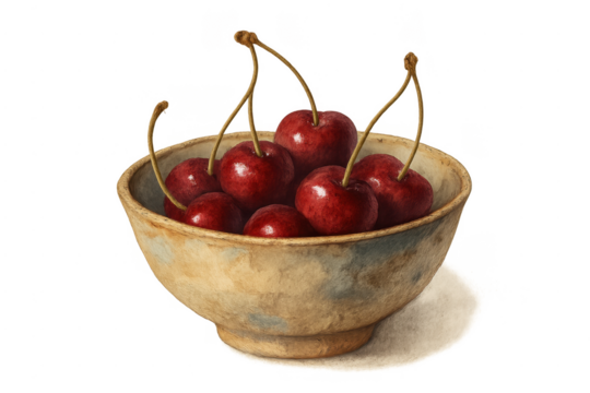 Cherries in a ceramic bowl watercolor painting