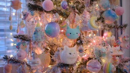Pastellfarbener Weihnachtsbaum mit Kawaii-Dekoration 
