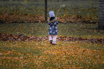Little child raking autumn leaves in garden, kid playing outdoors in colorful fall park, childhood and outdoor activity concept