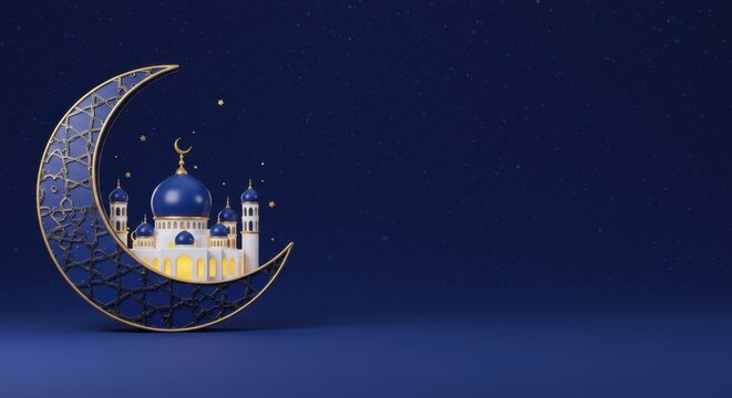 Ramadan kareem design featuring a crescent moon, mosque, and stars on a dark blue background.