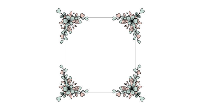 Hand-drawn pastel floral corner frame with subtle line borders and heart-shaped leaves on a white background.