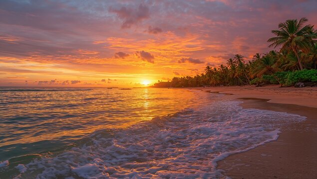 A tranquil beach scene with a sunset reflecting on the ocean, ideal for relaxation and nature appreciation