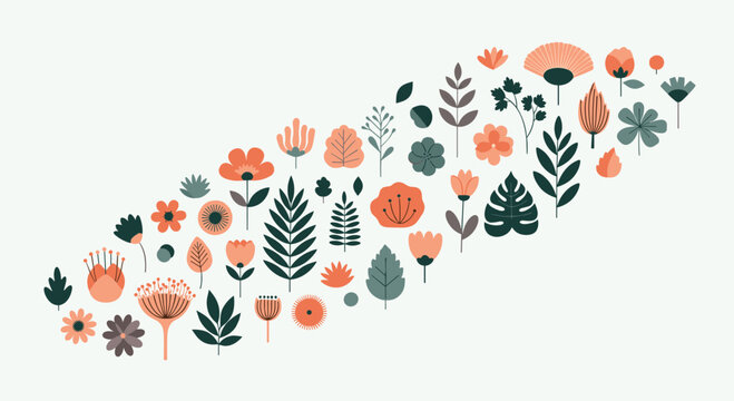 Modern vector illustration with a decorative diagonal border of simple, colorful flowers and leaves, creating an elegant botanical motif.