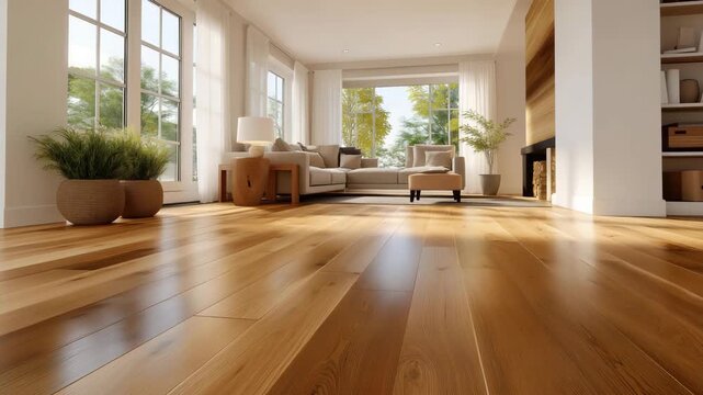 Interior designer inspecting newly installed hardwood floors in modern living room, emotion of satisfaction and pride visible, symbolizing craftsmanship, home renovation excellence, and luxury