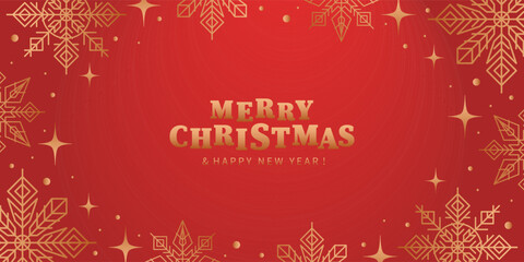 Christmas red background with gold snowflakes. Holiday banner with winter decor, stars and glitter effect.