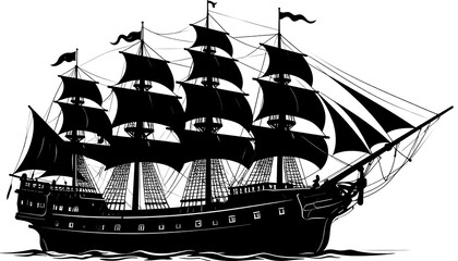 Silhouette illustration of a majestic three-masted sailing vessel, with billowing sails and intricate rigging, sailing on open water