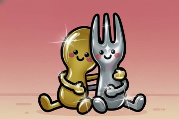 An adorable cartoon scene featuring a shiny gold spoon and silver fork, with faces sitting in an embrace against a warm pink background.
